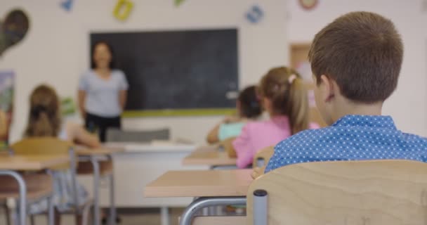 Ein glücklicher Junge sitzt während des Unterrichts auf der Schulbank und blickt in die Kamera. Lernprozess in der Schule. — Stockvideo