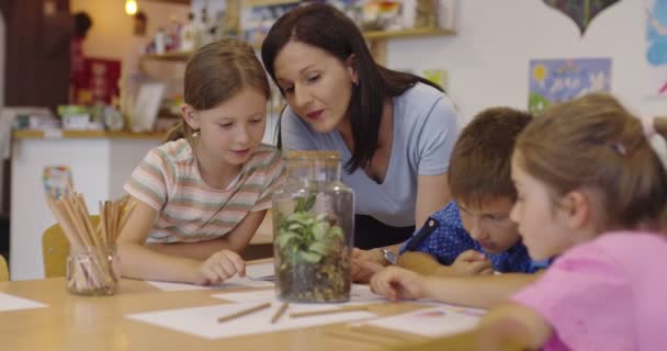 Professora com crianças em aula de biologia no ensino fundamental conduzindo experiências científicas de biologia ou botânica sobre plantas de cultivo sustentáveis. Aprender sobre plantas em um ja de vidro — Vídeo de Stock