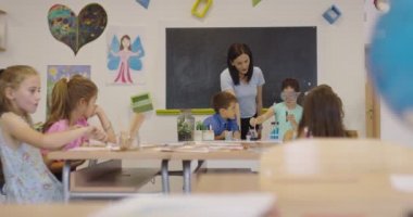 İlköğretim Okulu Bilim Sınıfı: Coşkulu Öğretmen Kimyayı Çeşitli Çocuklar Grubu 'na Açıkladı, Küçük Çocuk Kimyasalları Beakers' a Karıştırdı. Çocuklar Faiziyle Öğrenin