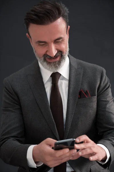 Portrait Adult Businessman Wearing Trendy Suit Sitting Modern Studio Stylish — Stockfoto