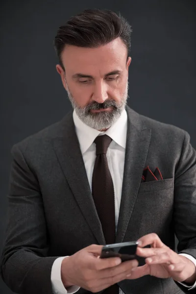 Portrait Adult Businessman Wearing Trendy Suit Sitting Modern Studio Stylish — Stock Photo, Image