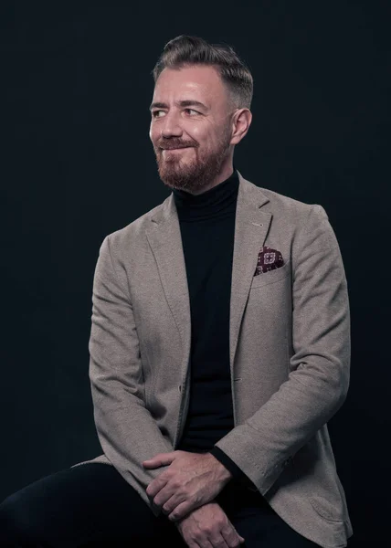 Portrait Adult Businessman Wearing Trendy Suit Sitting Modern Studio Stylish — Stock Photo, Image