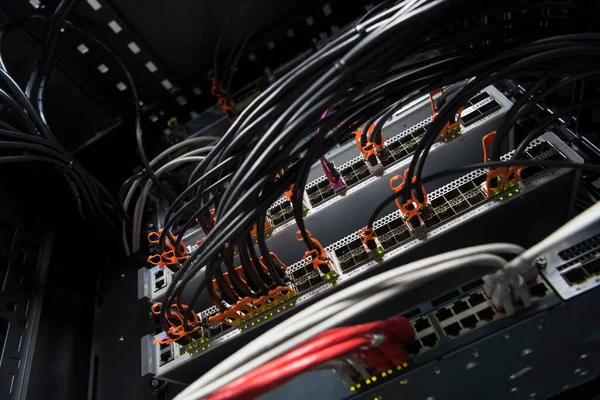 Network Server Room Closeup Fiber Optic Hub Switch Digital Communications — Stockfoto