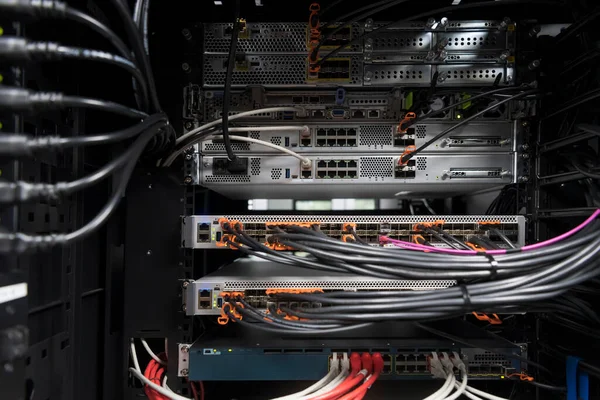 Network Server Room Closeup Fiber Optic Hub Switch Digital Communications — Stockfoto