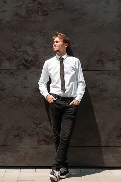 Portrait Startup Businessman White Shirt Black Tie Standing Front Gray — Stock Photo, Image