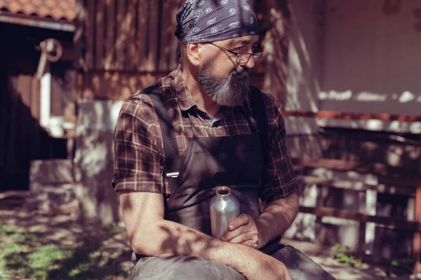 Spoon Master His Workshop Wooden Products Tools High Quality Photo — Stock Photo, Image