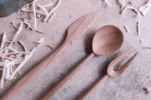 Handgemaakte Houten Lepels Voor Wandelingen Buitenactiviteiten Vakmanschap Ambachtelijk Concept Hoge — Stockfoto