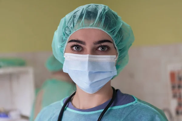 Portrait Sad Overwhelmed Doctor Nurse Wearing Protective Face Mask Looking — Stock Photo, Image