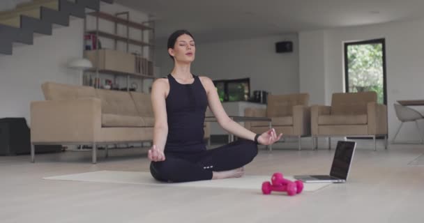 Kobieta w odzieży sportowej robi ćwiczenia rozciągające podczas oglądania zajęć jogi na laptopie komputerowym online. Zdrowa dziewczyna ćwiczy w salonie z kanapą w tle.. — Wideo stockowe
