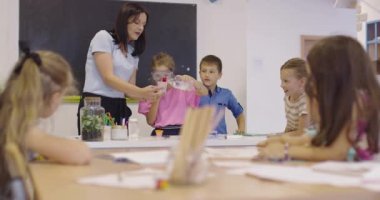 İlköğretim Okulu Bilim Sınıfı: Coşkulu Öğretmen Kimyayı Çeşitli Çocuklar Grubu 'na Açıkladı, Küçük Çocuk Kimyasalları Beakers' a Karıştırdı. Çocuklar Faiziyle Öğrenin