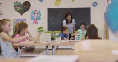 İlköğretim Okulu Bilim Sınıfı: Coşkulu Öğretmen Kimyayı Çeşitli Çocuklar Grubu 'na Açıkladı, Küçük Çocuk Kimyasalları Beakers' a Karıştırdı. Çocuklar Faiziyle Öğrenin