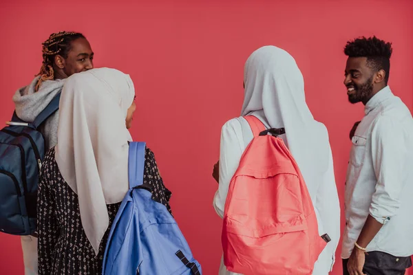 ピンクを背景にバックパックを背負ったアフリカ系イスラム教徒の学生のグループ。学校教育の概念は. — ストック写真