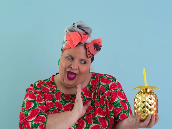 Overweight plus size female, fat women, Fat girl, Chubby, holding golden fruit ananas isolated on cyan background - lifestyle Woman diet weight loss overweight problem concept. — Fotografia de Stock
