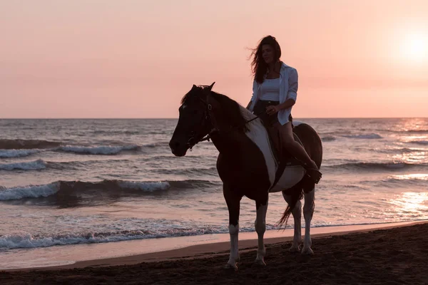 Woman in summer clothes enjoys riding a horse on a beautiful sandy beach at sunset. Selective focus