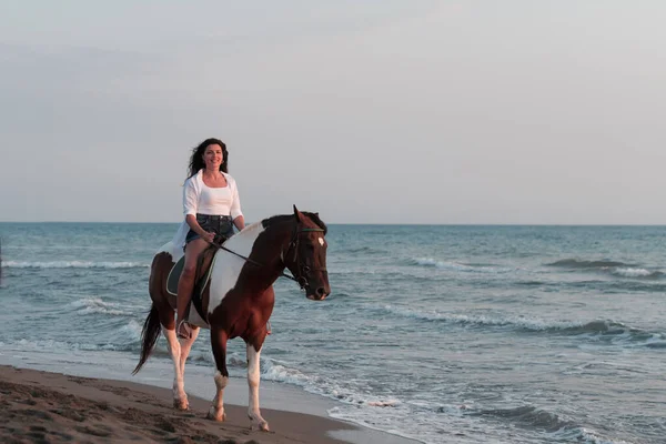 Woman in summer clothes enjoys riding a horse on a beautiful sandy beach at sunset. Selective focus