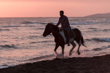 Yaz kıyafetleri içinde modern bir adam gün batımında kumlu güzel bir sahilde ata binmekten hoşlanır. Seçici odak 