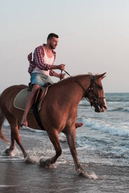 Yaz kıyafetleri içinde modern bir adam gün batımında kumlu güzel bir sahilde ata binmekten hoşlanır. Seçici odak 