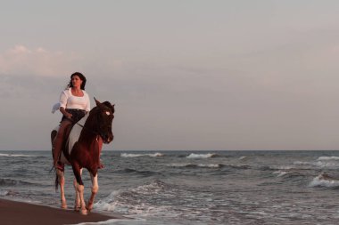 Yaz kıyafetleri içinde bir kadın gün batımında kumlu güzel bir sahilde ata binmekten hoşlanır. Seçici odak 
