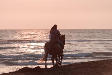 The family spends time with their children while riding horses together on a sandy beach. Selective focus 