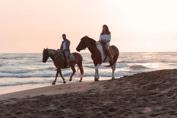 A loving couple in summer clothes riding a horse on a sandy beach at sunset. Sea and sunset in the background. Selective focus — Stockfoto