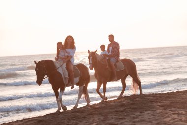 Aile kumlu bir sahilde birlikte ata binerken çocuklarıyla vakit geçirir. Seçici odak 