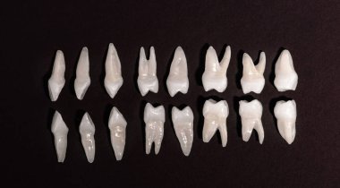 Siyah arka planda protez dişler Ağız hijyeni diş sağlığı konsepti Ağız bakımı diş restorasyonu üst görünümü. Merhaba kaliteli fotokopi alanı fotoğrafı.