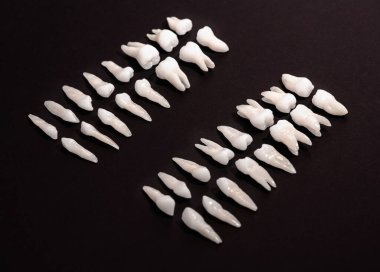 Siyah arka planda protez dişler Ağız hijyeni diş sağlığı konsepti Ağız bakımı diş restorasyonu üst görünümü. Merhaba kaliteli fotokopi alanı fotoğrafı.