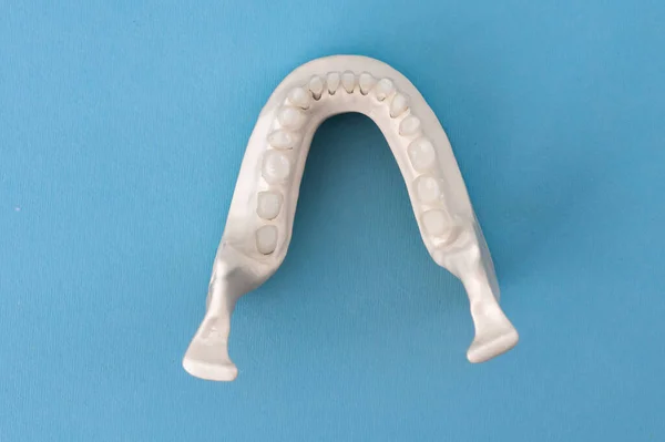 Dolna Szczęka Ludzka Modelem Anatomii Zębów Odizolowanym Niebieskim Tle Zdrowe — Zdjęcie stockowe