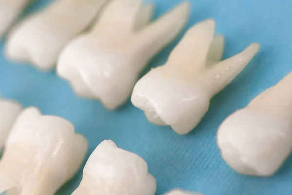 Odontologia Protética Dentes Brancos Sobre Fundo Azul Higiene Dental Oral — Fotografia de Stock