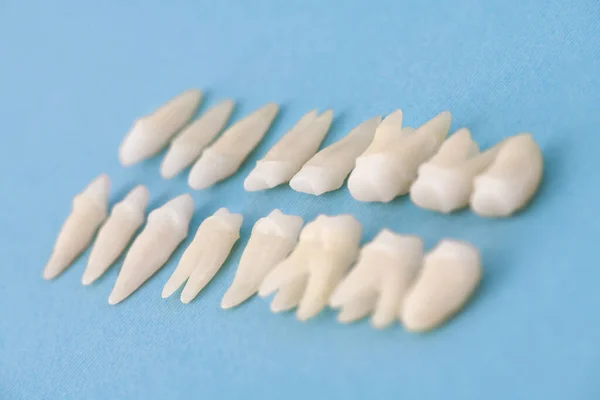 Odontología Protésica Dientes Blancos Sobre Fondo Azul Higiene Dental Oral — Foto de Stock