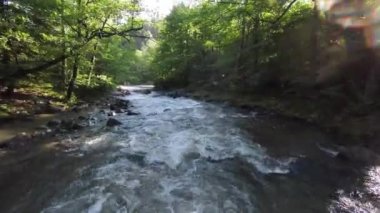 Tochigi Bölgesi, Japonya 'daki temiz ve ferahlatıcı bir nehrin havadan görünüşü. Sağa dönüyor. - Evet. Yüksek kalite 4k görüntü