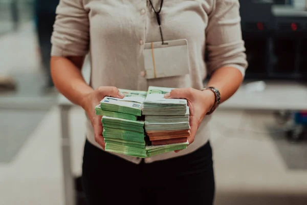 Bank Employees Holding Pile Paper Banknotes While Sorting Counting Bank — Stok fotoğraf