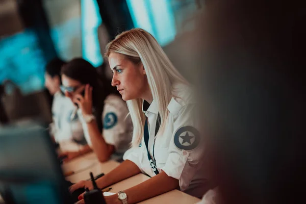 Female Security Operator Working Data System Control Room Offices Technical — Foto Stock
