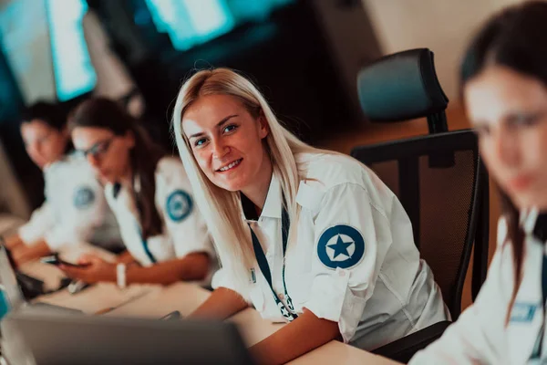 Female Security Operator Working Data System Control Room Offices Technical — Foto Stock