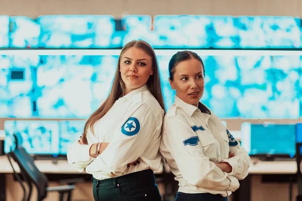 Group Portrait Female Security Operator While Working Data System Control — Zdjęcie stockowe