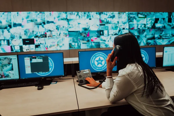 Female Security Operator Working Data System Control Room Offices Technical — Foto Stock