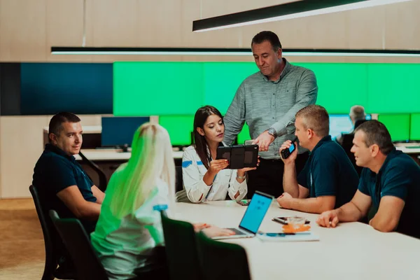 Group Security Guards Sitting Having Briefing System Control Room Theyre — Stockfoto