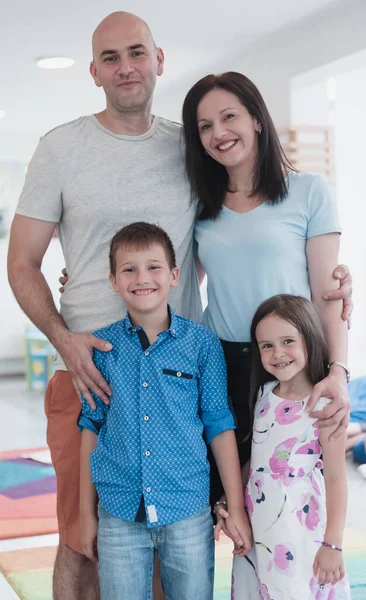 Portrait Happy Family Photo Parents Children Modern Preschool Classroom Selective — Stockfoto