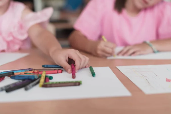 Little Girls Sitting Elementary School Drawing Paper Friends While Sitting — Zdjęcie stockowe