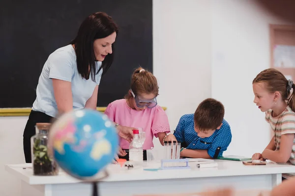 Elementary School Science Classroom Enthusiastic Teacher Explains Chemistry Diverse Group — Stock Photo, Image