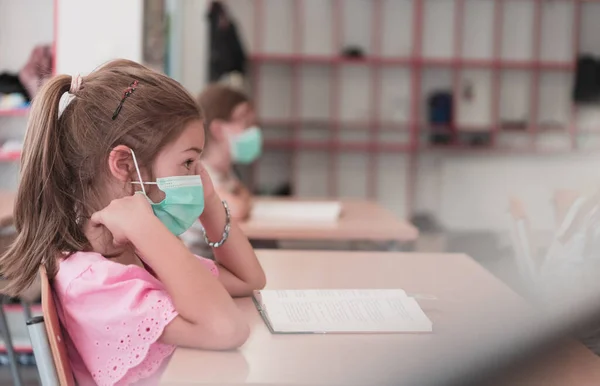 Multiracial Group Kids Wearing Face Masks Working Class Writing Listening — Stock Photo, Image