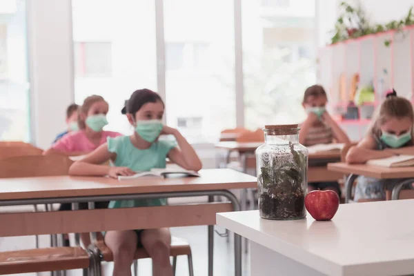 Multiracial Group Kids Wearing Face Masks Working Class Writing Listening — Stock Photo, Image