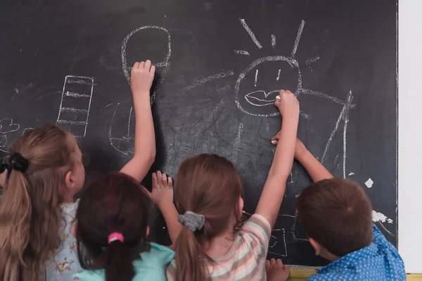 Children Write Draw Blackboard Elementary School While Learning Basics Education — 图库照片