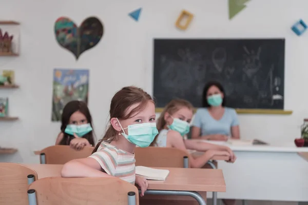 Multiracial Group Kids Wearing Face Masks Working Class Writing Listening — Stock Photo, Image