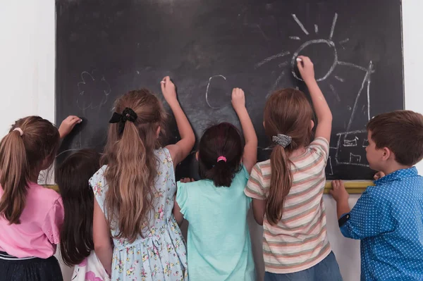 Children Write Draw Blackboard Elementary School While Learning Basics Education — 图库照片