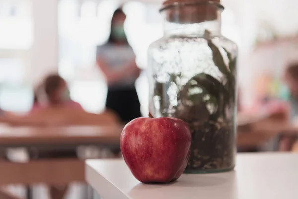 Biology and biochemistry classes. A close-up photo of a bottle containing a green plant and a ripe apple next to the bottle. High quality photo