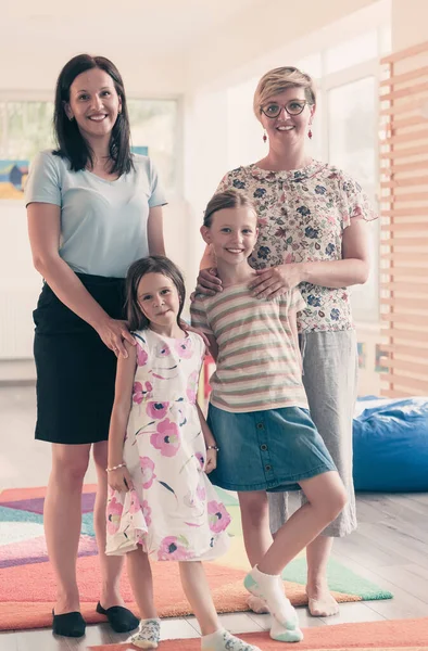 Portrait Mother Her Daughters Modern Preschool Institution Selective Focus High — Fotografia de Stock