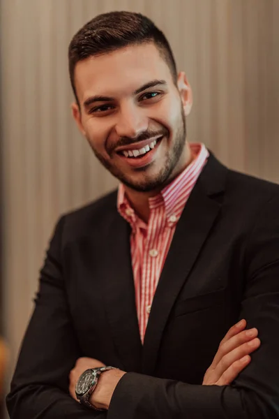 Portrait Young Businessman Modern Suit Portrait Company Director His Office — Stock Photo, Image