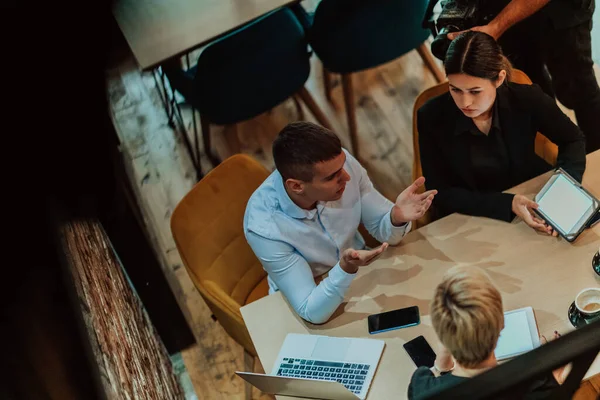 Top View Photo Businesspeople Smiling Cheerfully Meeting Coffee Shop Group — Foto Stock