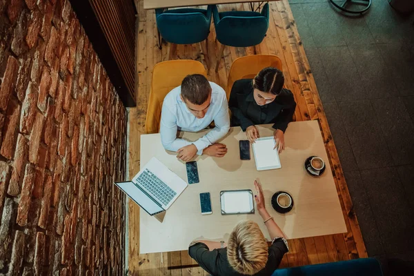 Top View Photo Businesspeople Smiling Cheerfully Meeting Coffee Shop Group — Zdjęcie stockowe